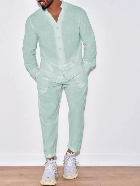 Load image into Gallery viewer, Trendsi Apparel &amp;amp; Accessories &amp;gt; Clothing &amp;gt; Shirts &amp;amp; Tops Gum Leaf / S Men&amp;#39;s Beige Cotton Button Up Long Sleeve Top &amp;amp; Pants Outfit Men&amp;#39;s Beige Cotton Button Up Long Sleeve Top &amp;amp; Pants Outfit
