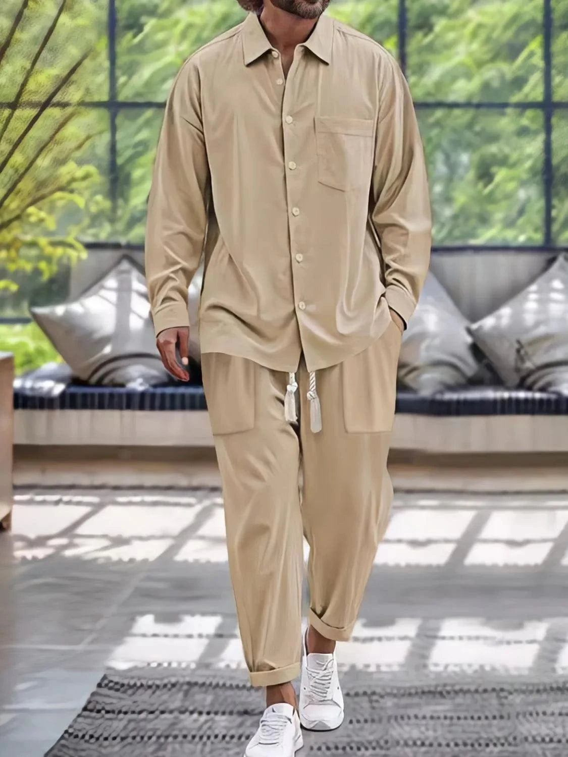 Trendsi Apparel & Accessories > Clothing > Shirts & Tops Khaki / S Khaki Beige Men's Button Down Long Sleeve Shirt & Pants Resort Outfit Tan Beige Men's Button Down Long Sleeve Shirt Pants Resort Outfit