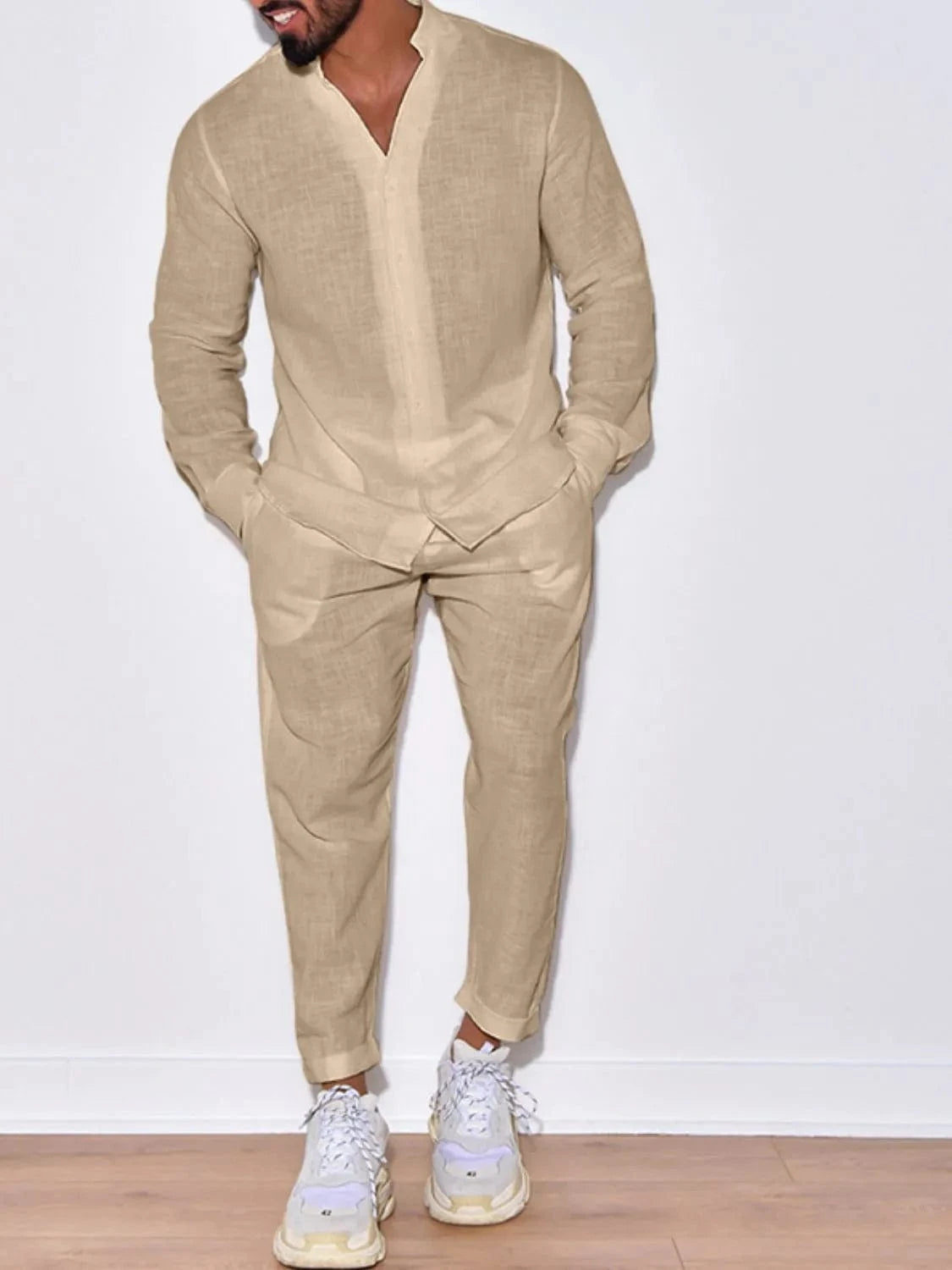 Trendsi Apparel & Accessories > Clothing > Shirts & Tops Khaki / S Men's Beige Cotton Button Up Long Sleeve Top & Pants Outfit Men's Beige Cotton Button Up Long Sleeve Top & Pants Outfit