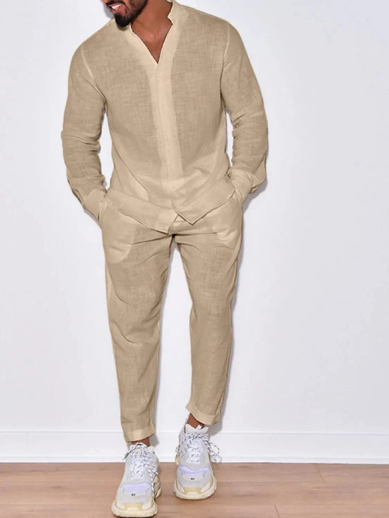 Load image into Gallery viewer, Trendsi Apparel &amp;amp; Accessories &amp;gt; Clothing &amp;gt; Shirts &amp;amp; Tops Khaki / S Men&amp;#39;s Beige Cotton Button Up Long Sleeve Top &amp;amp; Pants Outfit Men&amp;#39;s Beige Cotton Button Up Long Sleeve Top &amp;amp; Pants Outfit
