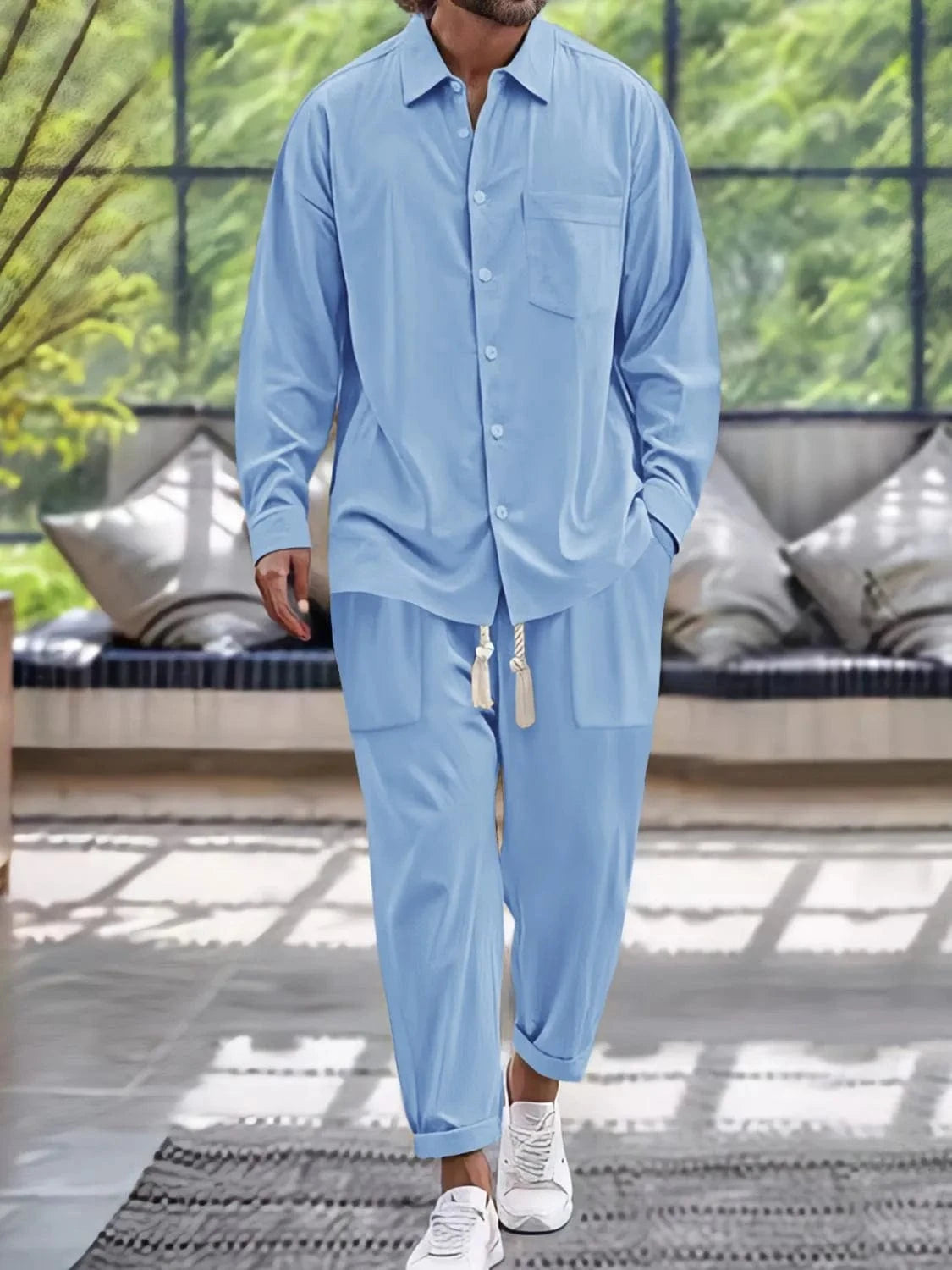 Trendsi Apparel & Accessories > Clothing > Shirts & Tops Light Blue / S Khaki Beige Men's Button Down Long Sleeve Shirt & Pants Resort Outfit Tan Beige Men's Button Down Long Sleeve Shirt Pants Resort Outfit