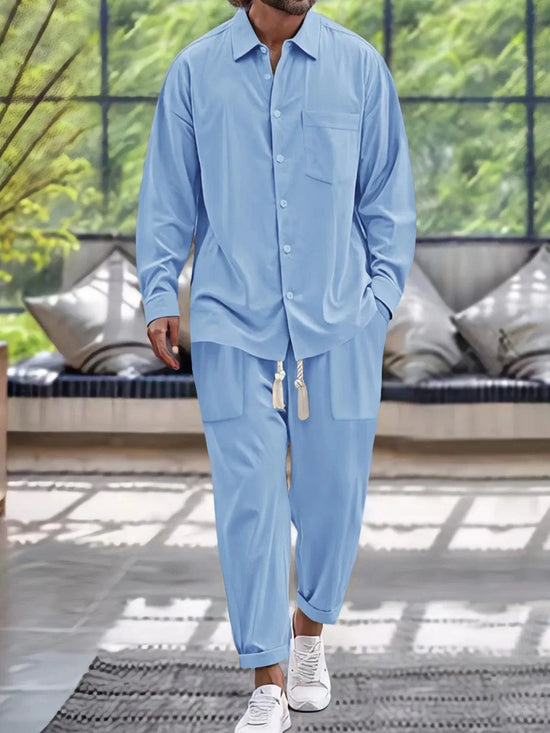 Trendsi Apparel & Accessories > Clothing > Shirts & Tops Light Blue / S Khaki Beige Men's Button Down Long Sleeve Shirt & Pants Resort Outfit Tan Beige Men's Button Down Long Sleeve Shirt Pants Resort Outfit