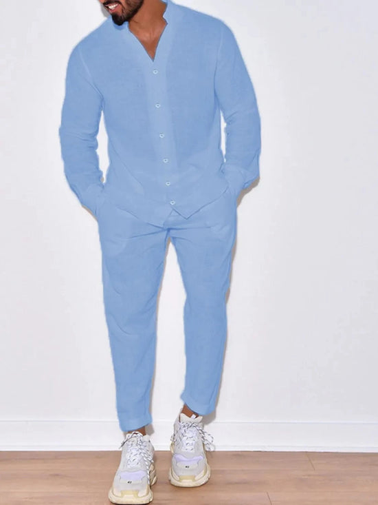 Load image into Gallery viewer, Trendsi Apparel &amp;amp; Accessories &amp;gt; Clothing &amp;gt; Shirts &amp;amp; Tops Light Blue / S Men&amp;#39;s Beige Cotton Button Up Long Sleeve Top &amp;amp; Pants Outfit Men&amp;#39;s Beige Cotton Button Up Long Sleeve Top &amp;amp; Pants Outfit
