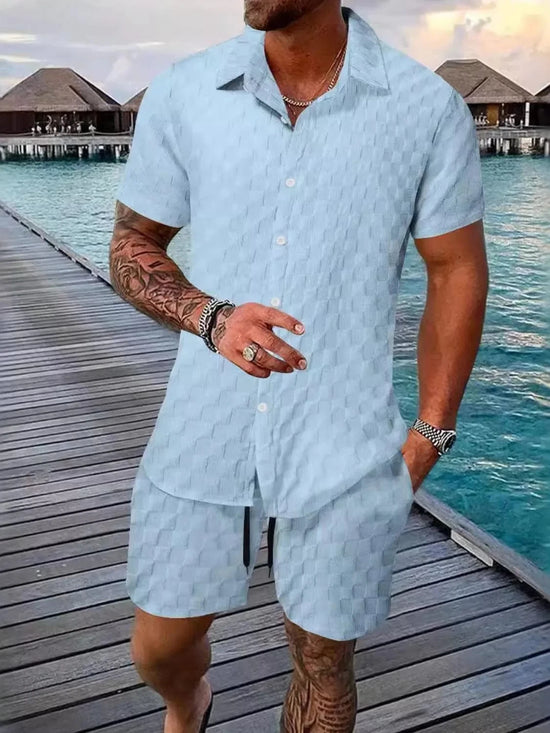 Trendsi Apparel & Accessories > Clothing > Shirts & Tops Light Blue / S Men's Black Collared Neck Short Sleeve Top & Shorts Resort Outfit Men's Black Collared Neck Short Sleeve Top & Shorts Resort Outfit