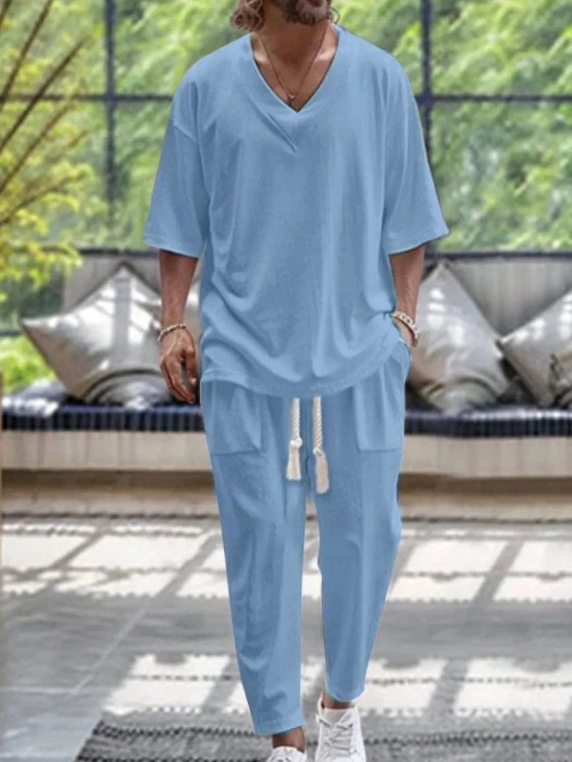 Trendsi Apparel & Accessories > Clothing > Shirts & Tops Light Blue / S Men's Navy Blue V-Neck Half Sleeve Top & Pants Resort Outfit Men's Navy Blue V-Neck Half Sleeve Top & Pants Resort Outfit