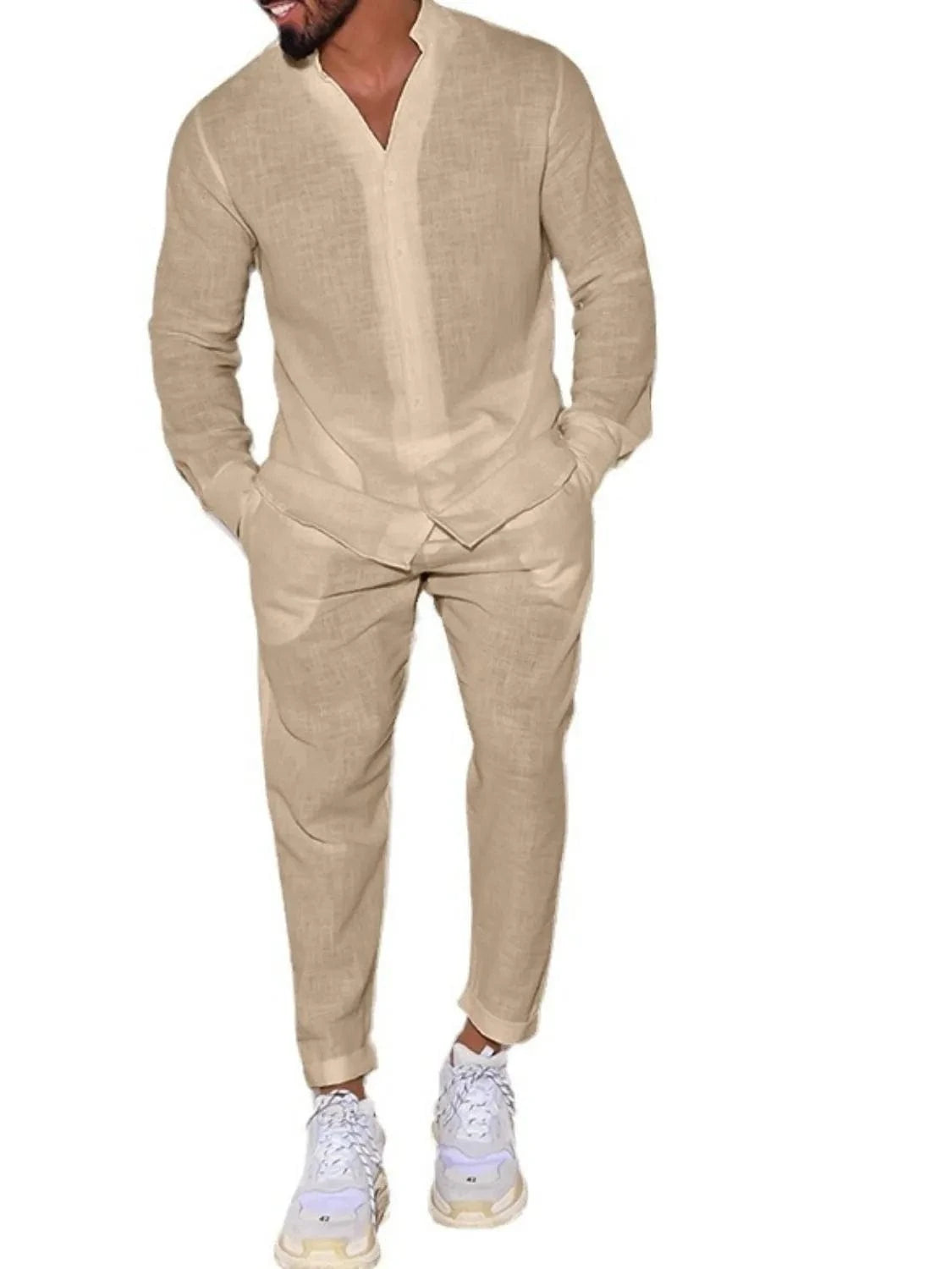 Trendsi Apparel & Accessories > Clothing > Shirts & Tops Men's Beige Cotton Button Up Long Sleeve Top & Pants Outfit Men's Beige Cotton Button Up Long Sleeve Top & Pants Outfit