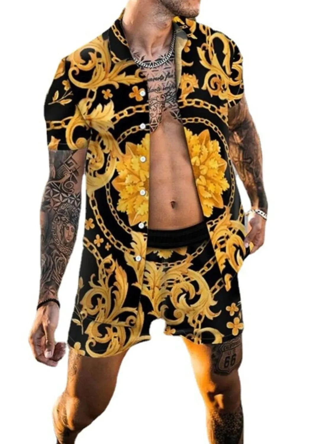 Trendsi Apparel & Accessories > Clothing > Shirts & Tops Men's Black & Gold Euro Print Short Sleeve Shirt & Shorts Outfit Men's Black & Gold Euro Print Short Sleeve Shirt & Shorts Outfit