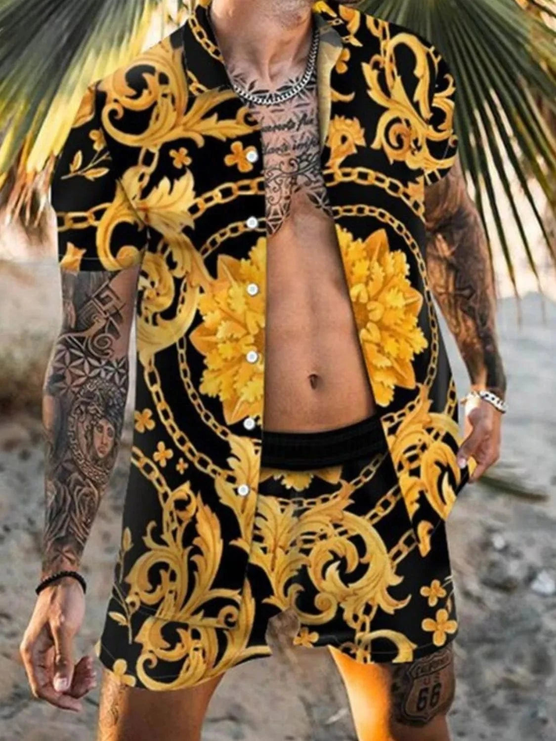 Trendsi Apparel & Accessories > Clothing > Shirts & Tops Men's Black & Gold Euro Print Short Sleeve Shirt & Shorts Outfit Men's Black & Gold Euro Print Short Sleeve Shirt & Shorts Outfit