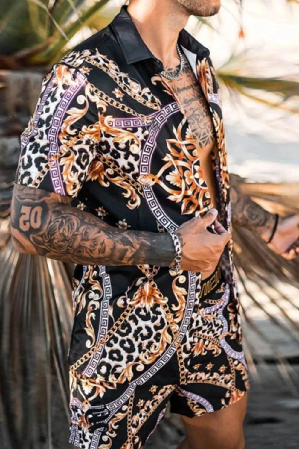 Trendsi Apparel & Accessories > Clothing > Shirts & Tops Men's Black & Gold Print Short Sleeve Top & Shorts Resort Outfit Men's Black & Gold Print Short Sleeve Top & Shorts Resort Outfit