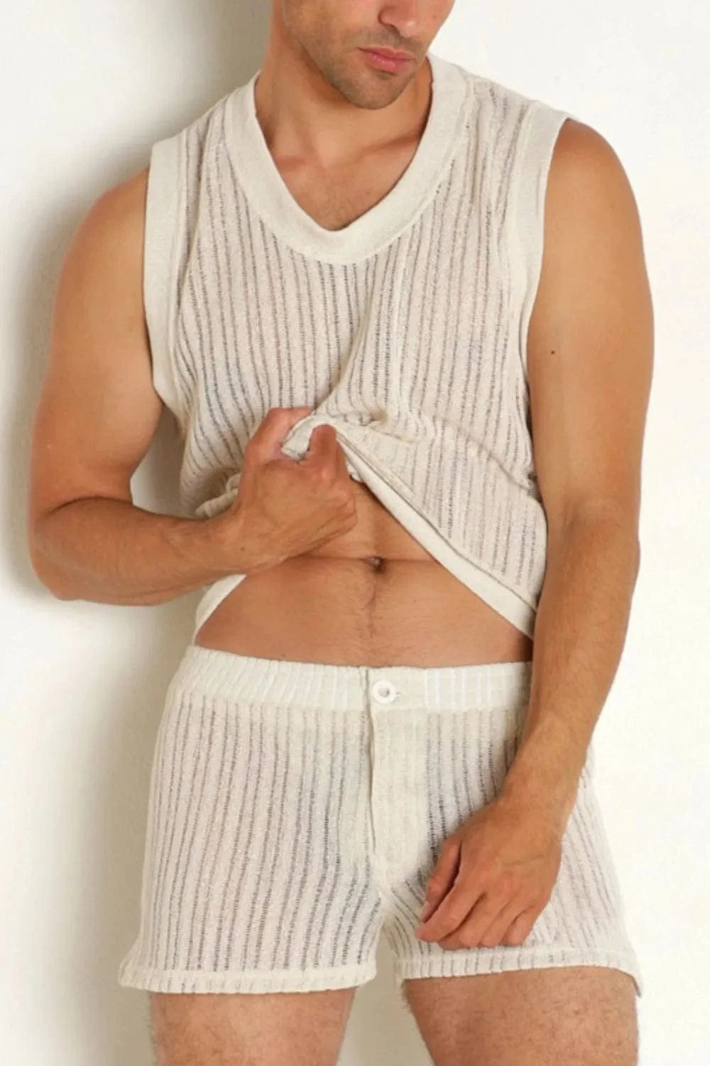 Trendsi Apparel & Accessories > Clothing > Shirts & Tops Men's Ivory Crochet Round Neck Tank and Shorts Outfit Men's Ivory Crochet Round Neck Tank and Shorts Outfit