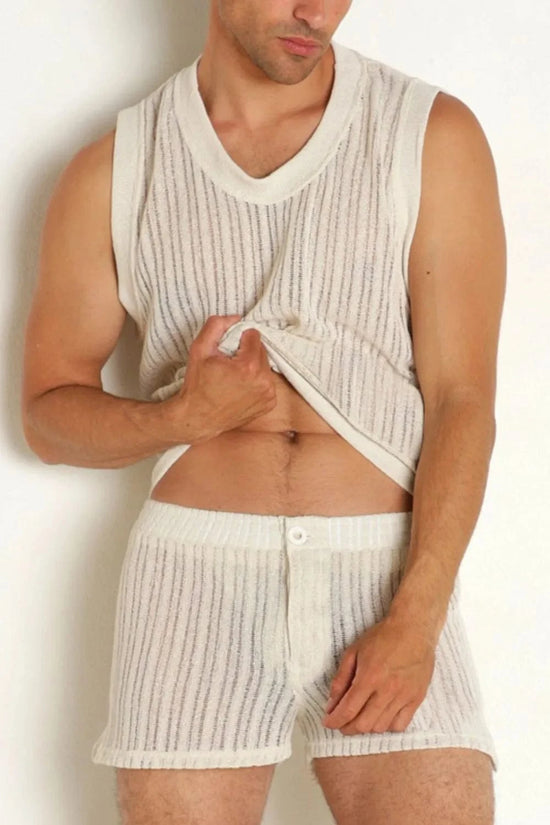 Trendsi Apparel & Accessories > Clothing > Shirts & Tops Men's Ivory Crochet Round Neck Tank and Shorts Outfit Men's Ivory Crochet Round Neck Tank and Shorts Outfit