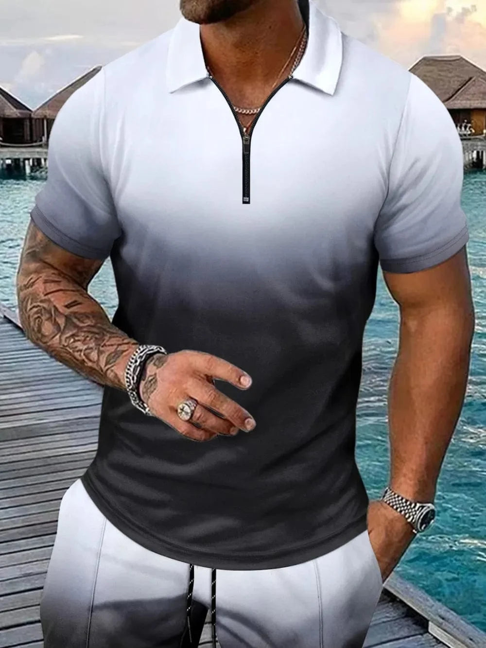 Trendsi Apparel & Accessories > Clothing > Shirts & Tops Men's White & Black Gradient Collared Neck Top & Shorts Resort Outfit Men's White & Black Collared Neck Top & Shorts Resort Outfit