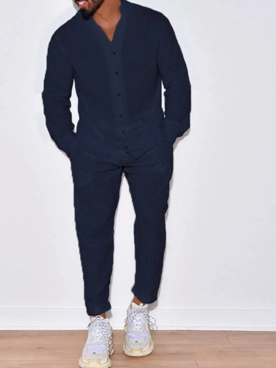 Load image into Gallery viewer, Trendsi Apparel &amp;amp; Accessories &amp;gt; Clothing &amp;gt; Shirts &amp;amp; Tops Navy / S Men&amp;#39;s Beige Cotton Button Up Long Sleeve Top &amp;amp; Pants Outfit Men&amp;#39;s Beige Cotton Button Up Long Sleeve Top &amp;amp; Pants Outfit
