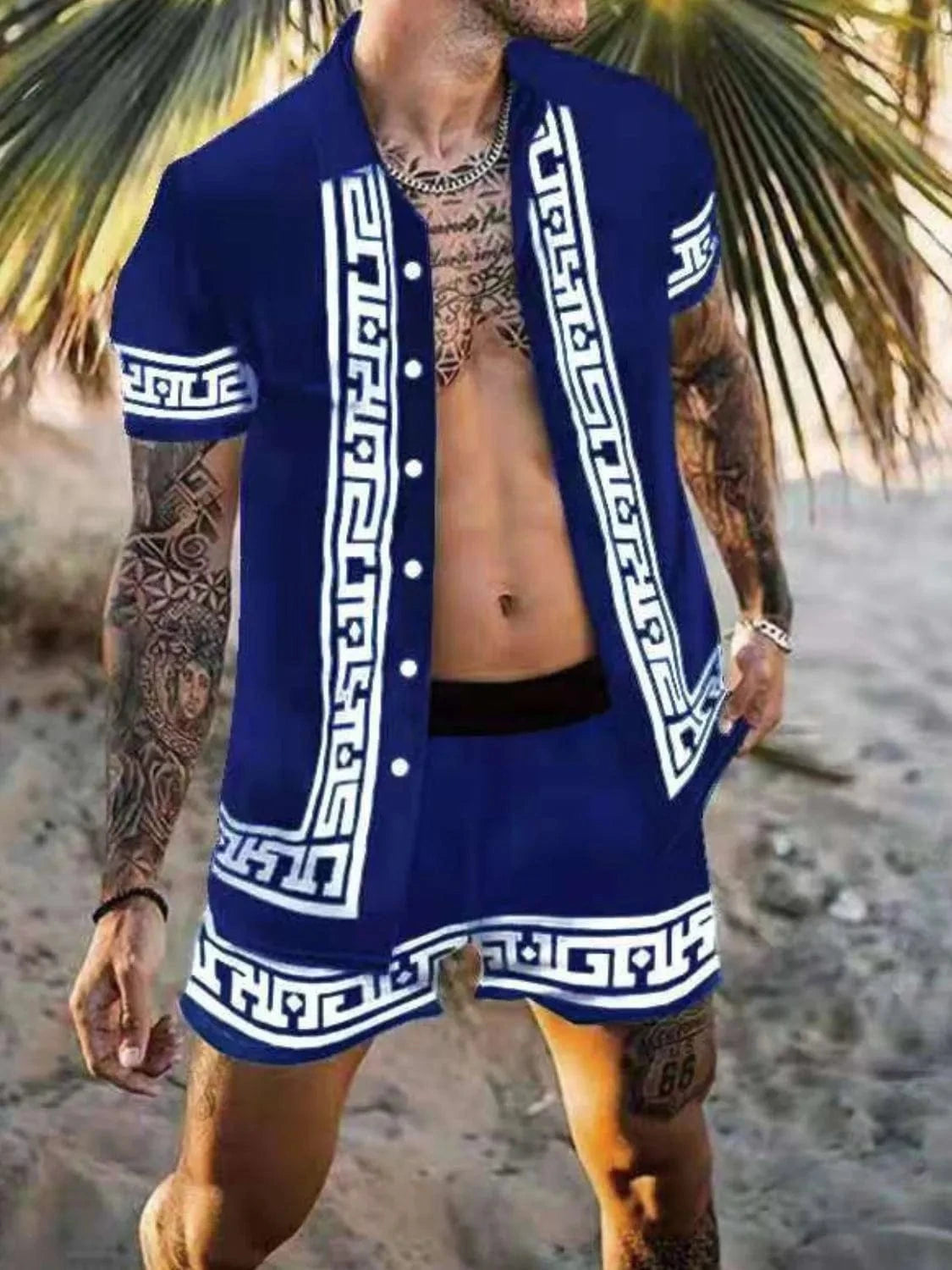 Trendsi Apparel & Accessories > Clothing > Shirts & Tops Navy / S Men's Black & Gold Euro Print Collared Neck Short Sleeve Top & Shorts Outfit Men's Black & Gold Versace Print Short Sleeve Top & Shorts Outfit