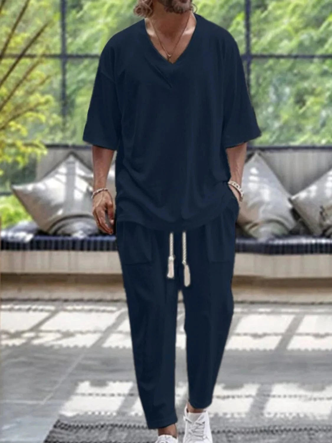 Trendsi Apparel & Accessories > Clothing > Shirts & Tops Navy / S Men's Navy Blue V-Neck Half Sleeve Top & Pants Resort Outfit Men's Navy Blue V-Neck Half Sleeve Top & Pants Resort Outfit
