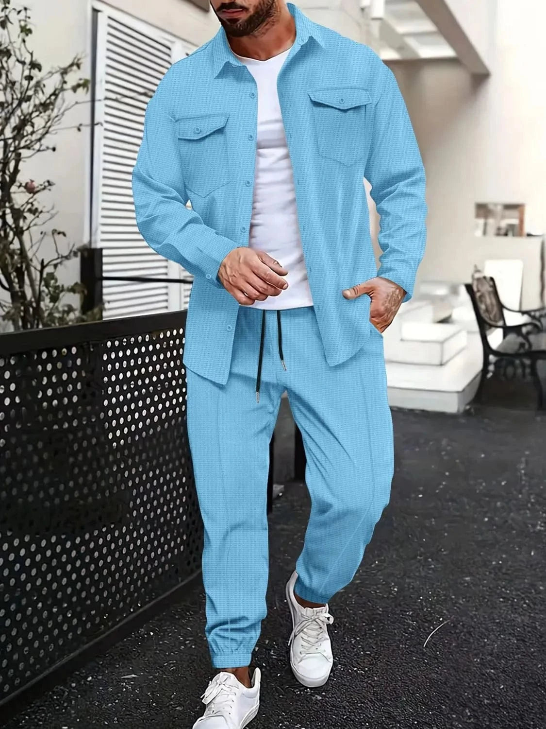 Trendsi Apparel & Accessories > Clothing > Shirts & Tops Pastel  Blue / S Light Blue Men's Button Up Long Sleeve Top & Pants Resort Outfit Light Blue Men's Button Up Long Sleeve Top & Pants Resort Outfit