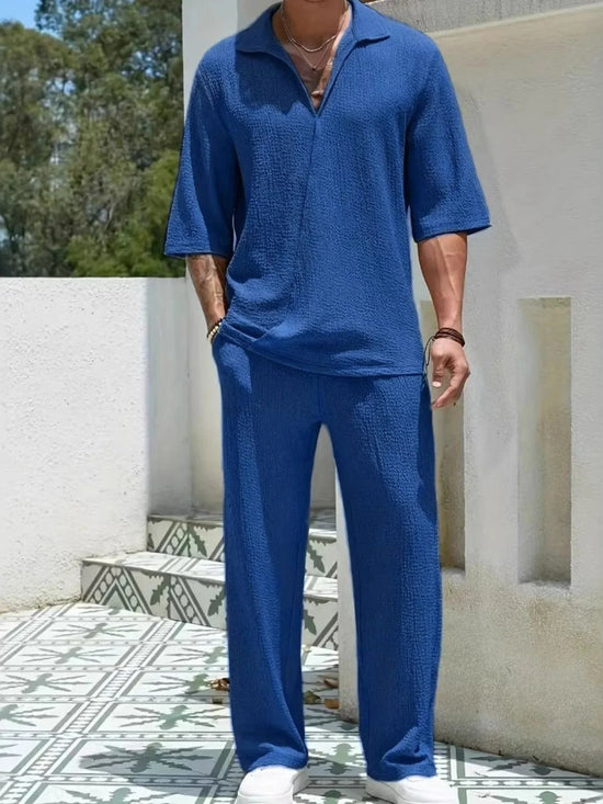 Trendsi Apparel & Accessories > Clothing > Shirts & Tops Royal Blue / S Men's Dusty Blue Johnny Collar Half Sleeve Top & Pants Resort Outfit Men's Dusty Blue Half Sleeve Top & Pants Resort Outfit