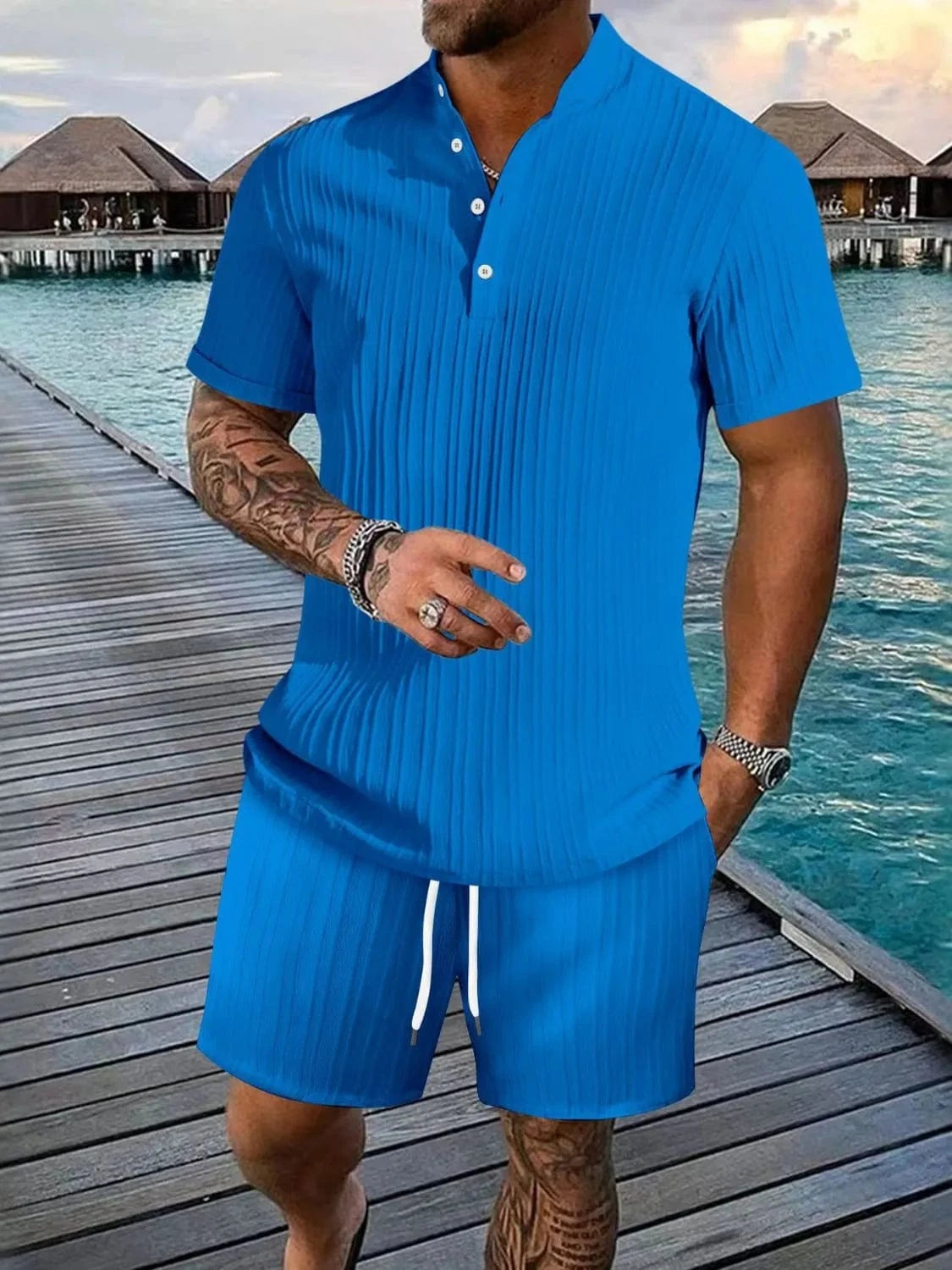 Trendsi Apparel & Accessories > Clothing > Shirts & Tops Sky Blue / S Men's White Short Sleeve Polo Top & Shorts Resort Outfit Men's White Short Sleeve Polo Top & Shorts Resort Outfit