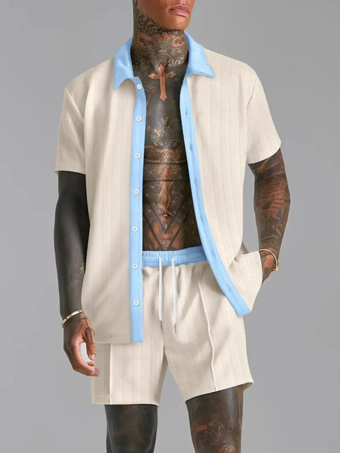 Trendsi Apparel & Accessories > Clothing > Shirts & Tops Tan / S Men's Tan w/ Light Blue Contrast Collared Neck Short Sleeve Top & Shorts Outfit Men's Tan Light Blue Short Sleeve Top & Shorts Resort Outfit