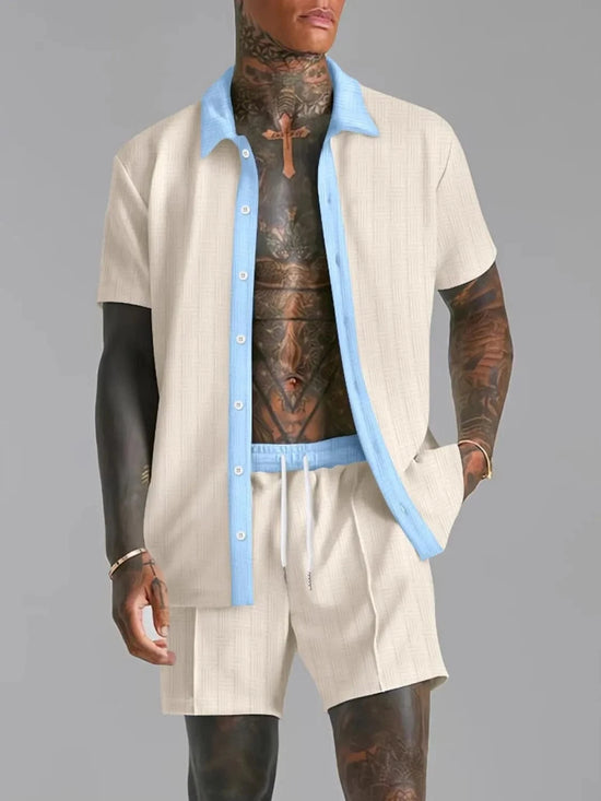 Trendsi Apparel & Accessories > Clothing > Shirts & Tops Tan / S Men's Tan w/ Light Blue Contrast Collared Neck Short Sleeve Top & Shorts Outfit Men's Tan Light Blue Short Sleeve Top & Shorts Resort Outfit