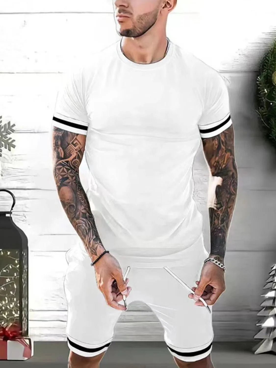Trendsi Apparel & Accessories > Clothing > Shirts & Tops White / M Men's White & Black Contrast Round Neck Short Sleeve Top & Shorts Outfit Men's White & Black Round Neck Short Sleeve Top & Shorts Outfit