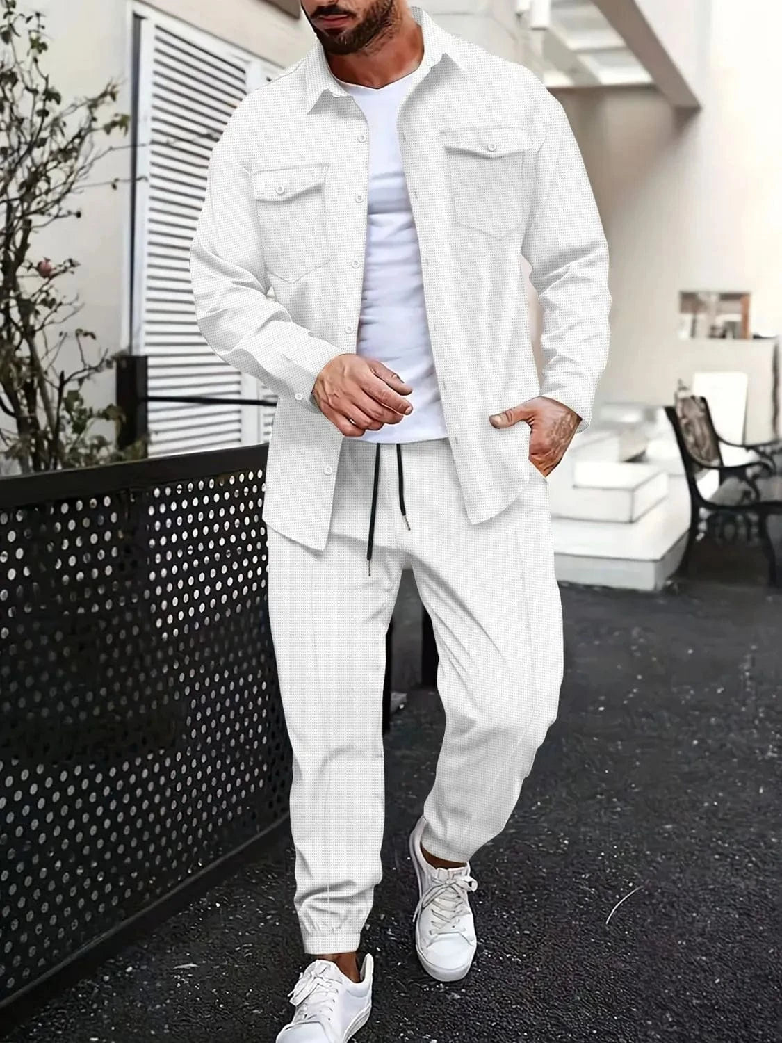 Trendsi Apparel & Accessories > Clothing > Shirts & Tops White / S Light Blue Men's Button Up Long Sleeve Top & Pants Resort Outfit Light Blue Men's Button Up Long Sleeve Top & Pants Resort Outfit