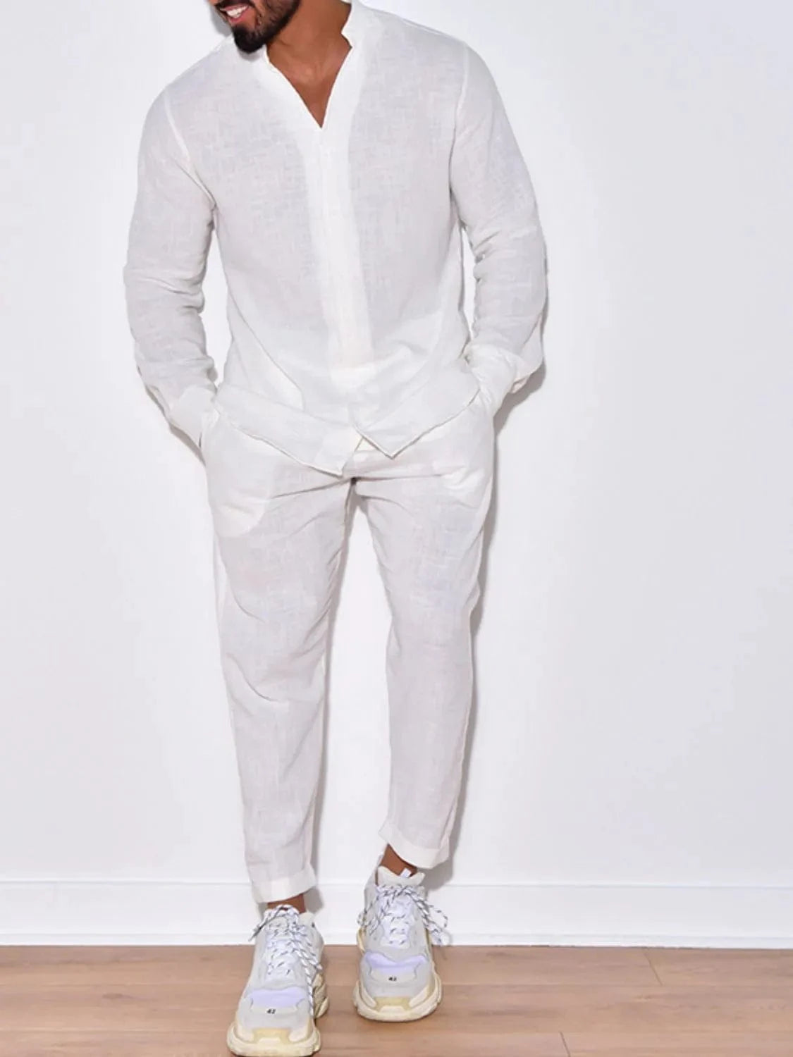 Trendsi Apparel & Accessories > Clothing > Shirts & Tops White / S Men's Beige Cotton Button Up Long Sleeve Top & Pants Outfit Men's Beige Cotton Button Up Long Sleeve Top & Pants Outfit