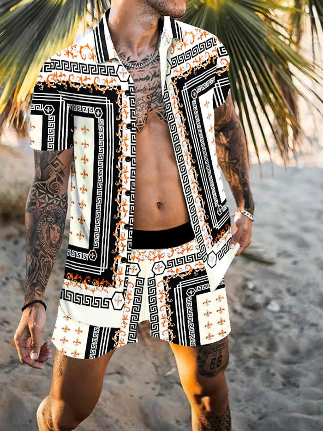 Trendsi Apparel & Accessories > Clothing > Shirts & Tops White / S Men's Black & White Print Collared Neck Short Sleeve Top & Shorts Resort Outfit Men's Black White Print Short Sleeve Top & Shorts Resort Outfit
