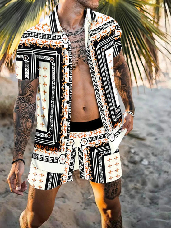 Trendsi Apparel & Accessories > Clothing > Shirts & Tops White / S Men's Black & White Print Collared Neck Short Sleeve Top & Shorts Resort Outfit Men's Black White Print Short Sleeve Top & Shorts Resort Outfit