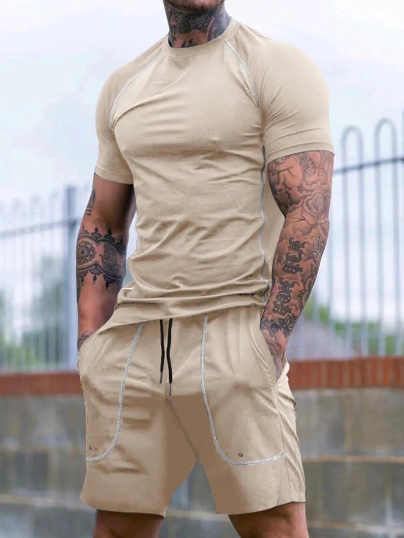 Trendsi Apparel & Accessories > Clothing > Shorts Apricot / S Men's Full Size Round Neck Short Sleeve T-Shirt and Shorts Set Plus Size Men's Full Size Round Neck Short Sleeve T-Shirt and Shorts Set Plus Size
