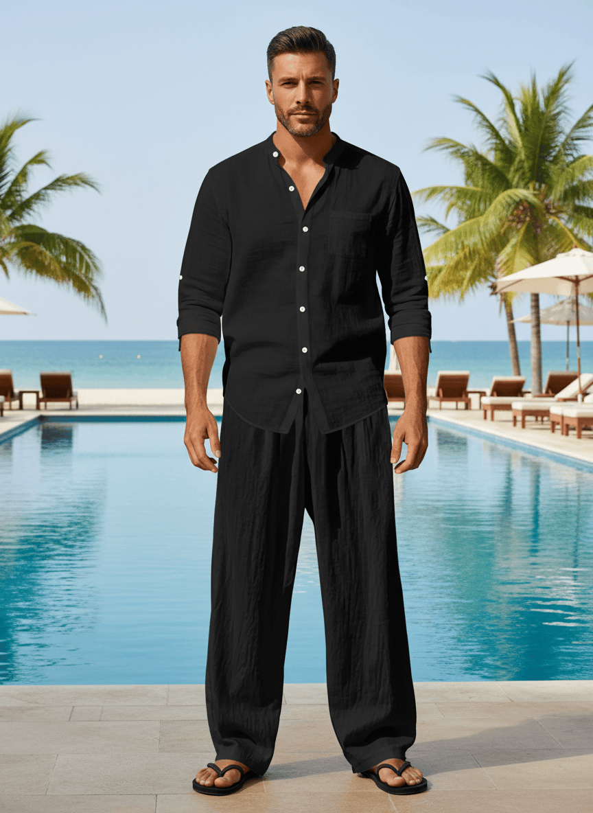 Trendsi Apparel & Accessories > Clothing > Shorts Black / S Men's Black Button Up Shirt & Pants Set Plus Size Men's Black Button Up Shirt & Pants Set Plus Size