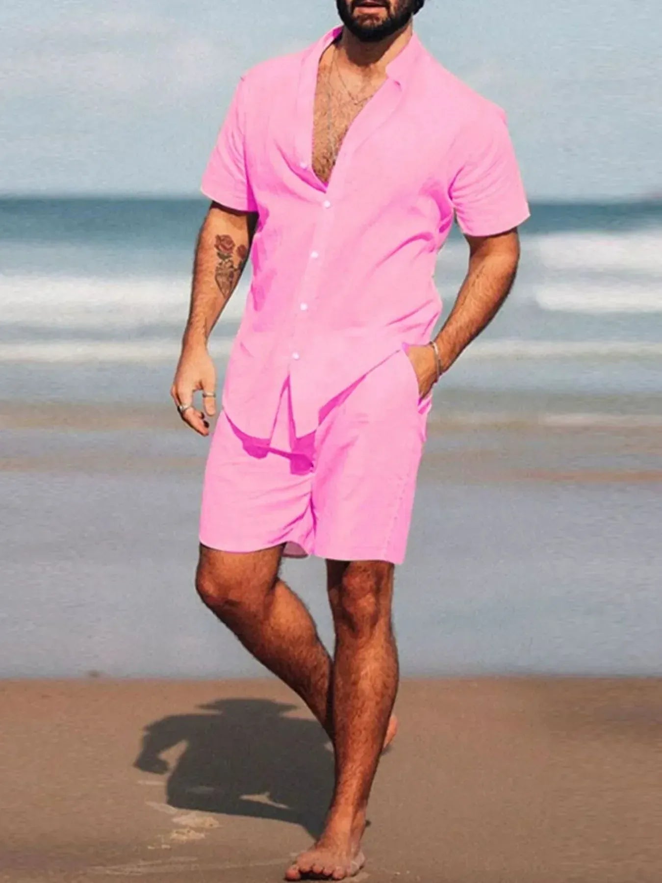 Trendsi Apparel & Accessories > Clothing > Shorts Pink / S Men's Full Size Short Sleeve Shirt and Shorts Set Plus Size Men's Full Size Short Sleeve Shirt and Shorts Set Plus Size