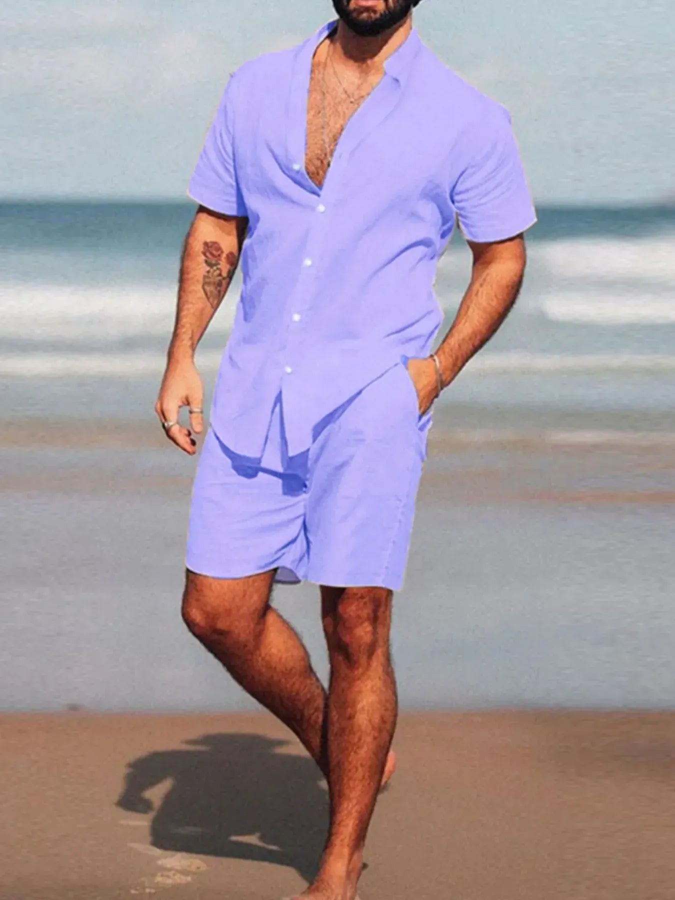 Trendsi Apparel & Accessories > Clothing > Shorts Purple / S Men's Full Size Short Sleeve Shirt and Shorts Set Plus Size Men's Full Size Short Sleeve Shirt and Shorts Set Plus Size