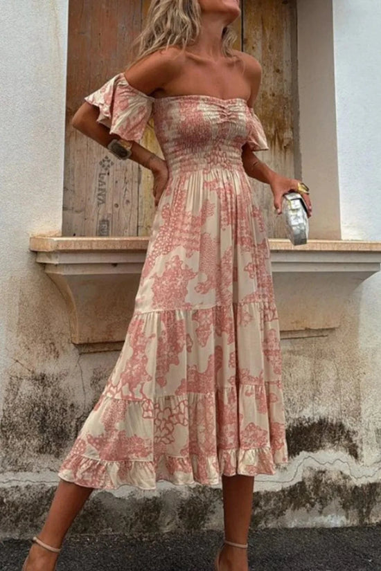 Trendsi Apparel & Accessories > Clothing > Swimwear Apricot / S Smocked Off-Shoulder Printed Midi Dress Smocked Off-Shoulder Printed Midi Dress