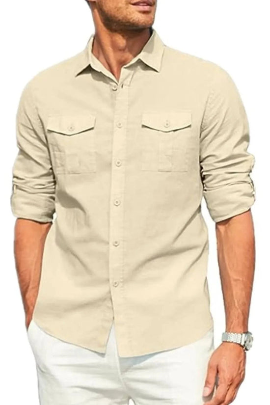 Trendsi Apparel & Accessories > Clothing > Swimwear Beige / XL Men's Plus Size Button Down Collared Neck Long Sleeve Shirt Men's Plus Size Button Down Collared Neck Long Sleeve Shirt
