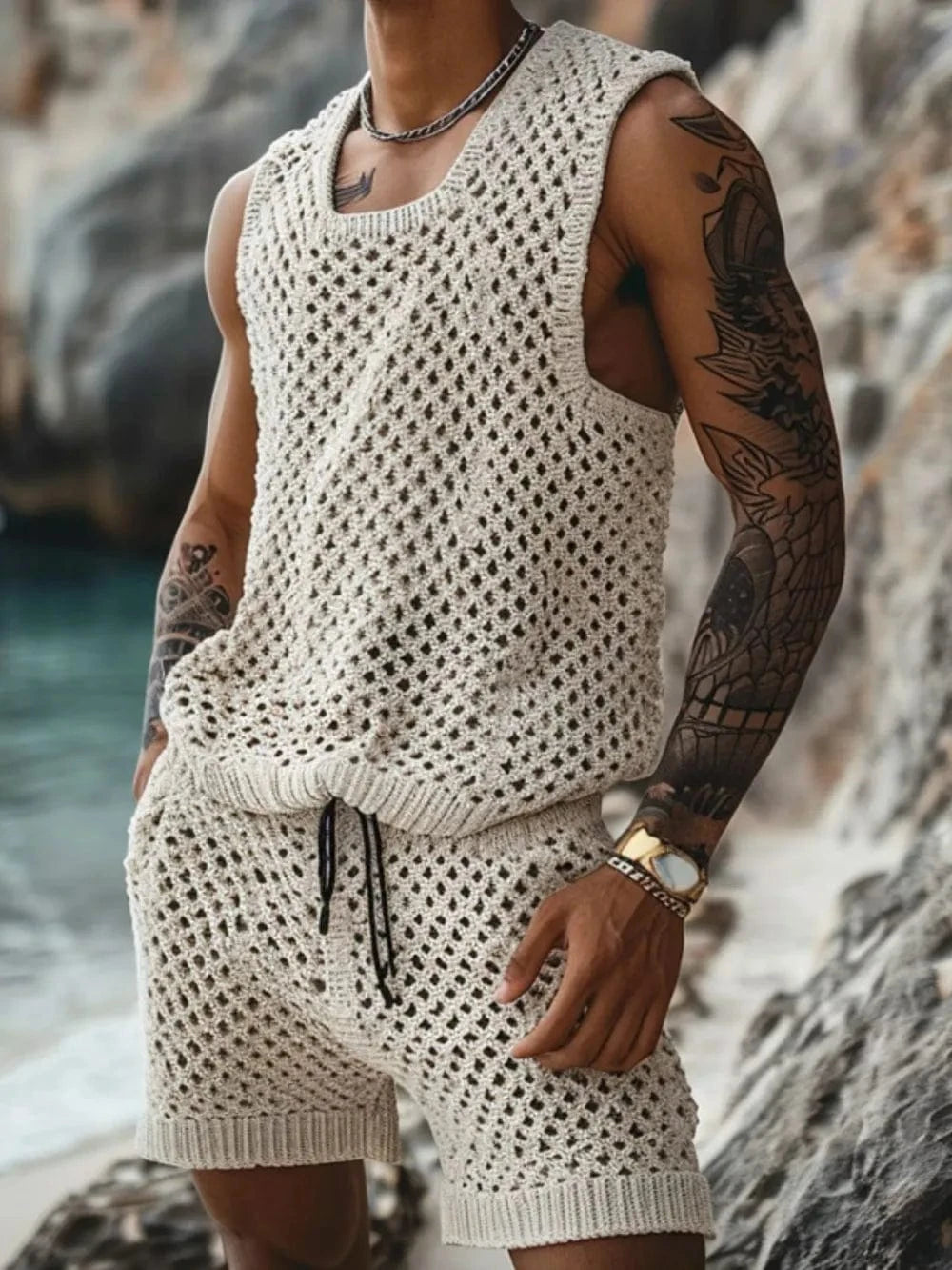 Trendsi Apparel & Accessories > Clothing > Swimwear Beige / XXL Men's Plus Size Hollow Out Round Neck Tank and Shorts Set Men's Plus Size Hollow Out Round Neck Tank and Shorts Set