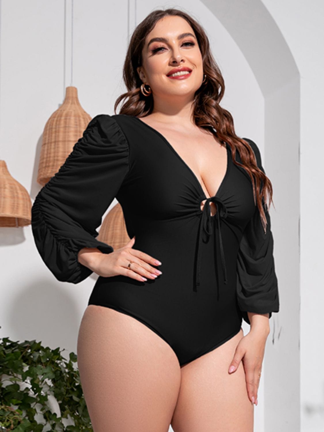 Trendsi Apparel & Accessories > Clothing > Swimwear Black / 2XL Black Front Tie Deep V Balloon Sleeve One-Piece Plus Size Swimsuit 2024 Black Gray Front Tie Deep V One-Piece Plus Size Swimsuit