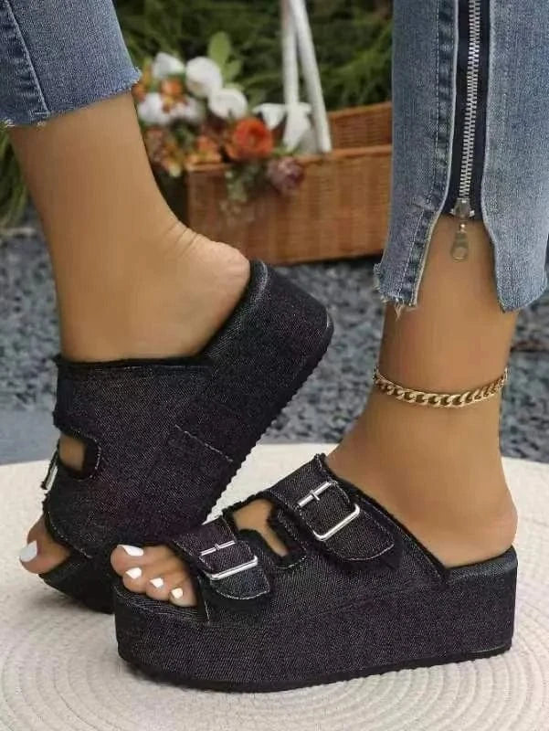 Trendsi Apparel & Accessories > Clothing > Swimwear Black / 36(US5) Raw Hem Wedge Buckle Sandals Raw Hem Wedge Buckle Sandals