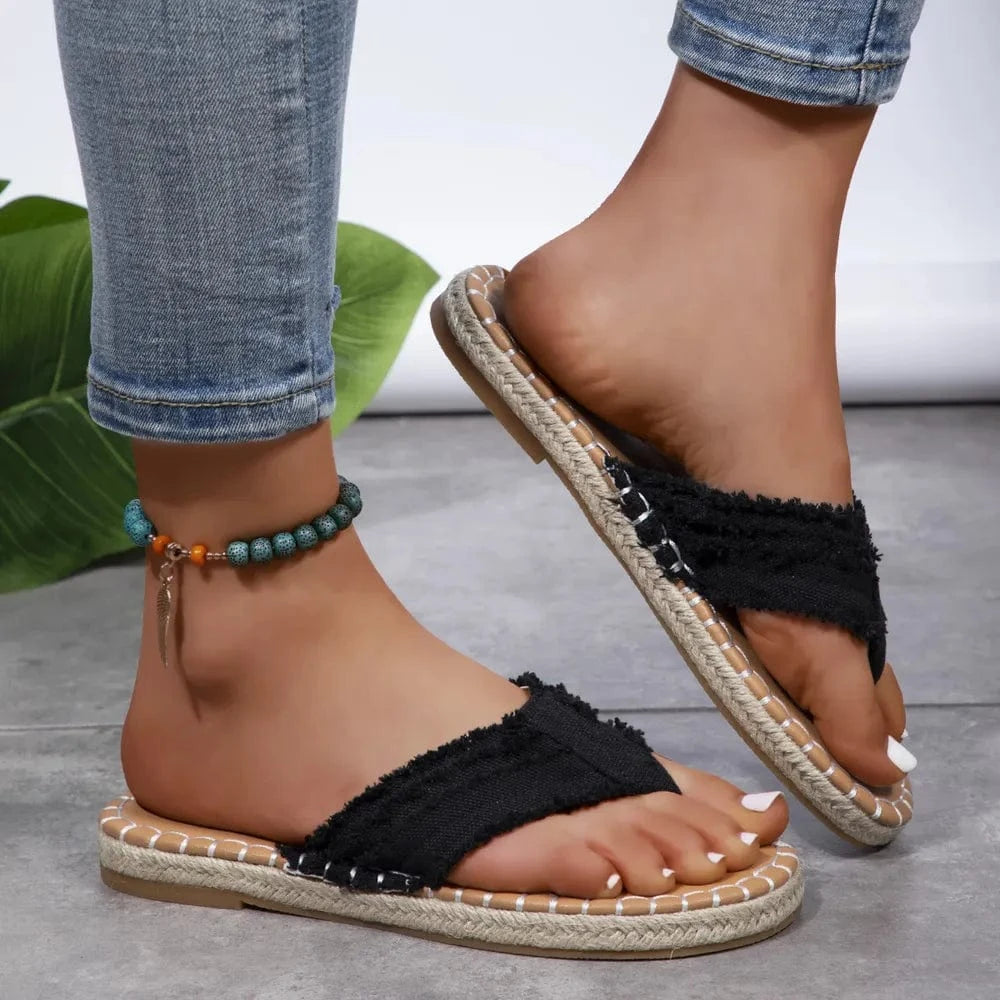 Trendsi Apparel & Accessories > Clothing > Swimwear Black / 36(US5) Toe Post Raw Hem Flat Sandals Toe Post Raw Hem Flat Sandals