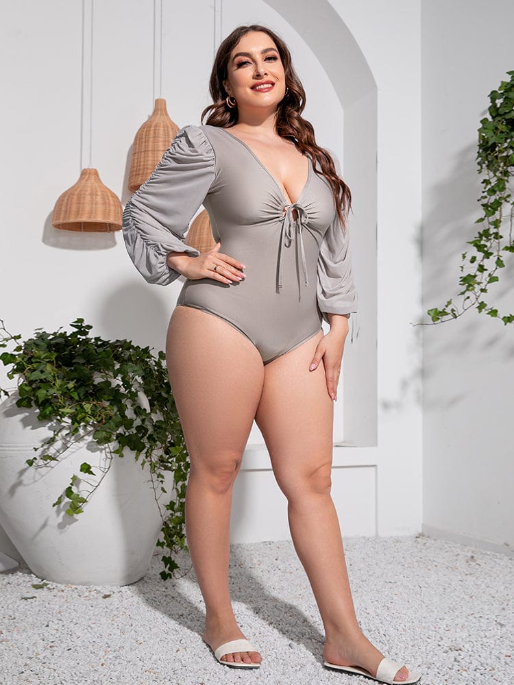 Trendsi Apparel & Accessories > Clothing > Swimwear Black Front Tie Deep V Balloon Sleeve One-Piece Plus Size Swimsuit 2024 Black Gray Front Tie Deep V One-Piece Plus Size Swimsuit