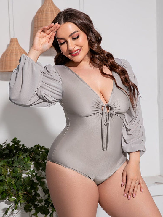 Trendsi Apparel & Accessories > Clothing > Swimwear Black Front Tie Deep V Balloon Sleeve One-Piece Plus Size Swimsuit 2024 Black Gray Front Tie Deep V One-Piece Plus Size Swimsuit