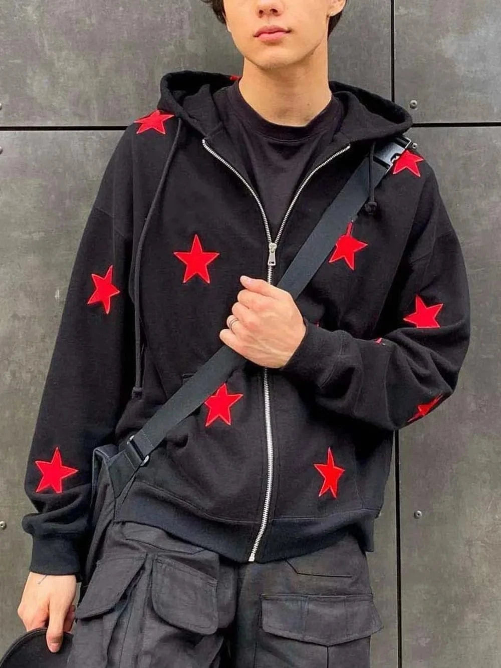 Trendsi Apparel & Accessories > Clothing > Swimwear Black / L Men's Contrast Star Hooded Zip Up Hoodie Men's Contrast Star Hooded Zip Up Hoodie