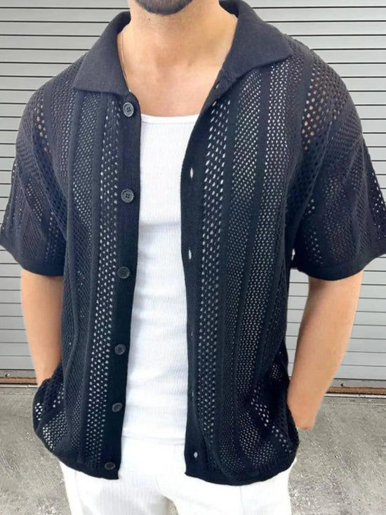 Trendsi Apparel & Accessories > Clothing > Swimwear Black / M Men's Button Down Collared Neck Hollow Out Shirt Men's Button Down Collared Neck Hollow Out Shirt