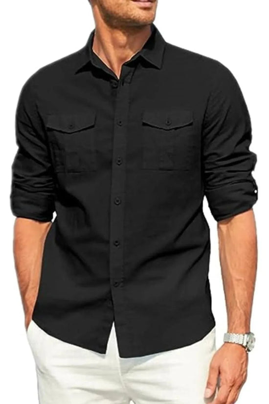 Load image into Gallery viewer, Trendsi Apparel &amp;amp; Accessories &amp;gt; Clothing &amp;gt; Swimwear Black / M Men&amp;#39;s Plus Size Button Down Collared Neck Long Sleeve Shirt Men&amp;#39;s Plus Size Button Down Collared Neck Long Sleeve Shirt
