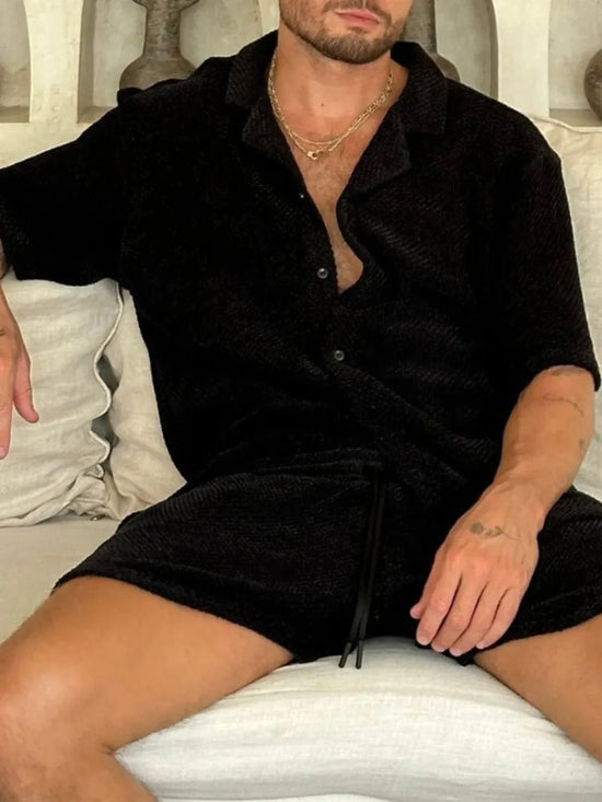 Trendsi Apparel & Accessories > Clothing > Swimwear Black / M Men's Plus Size Button Down Half Sleeve Top and Shorts Set Men's Plus Size Button Down Half Sleeve Top and Shorts Set