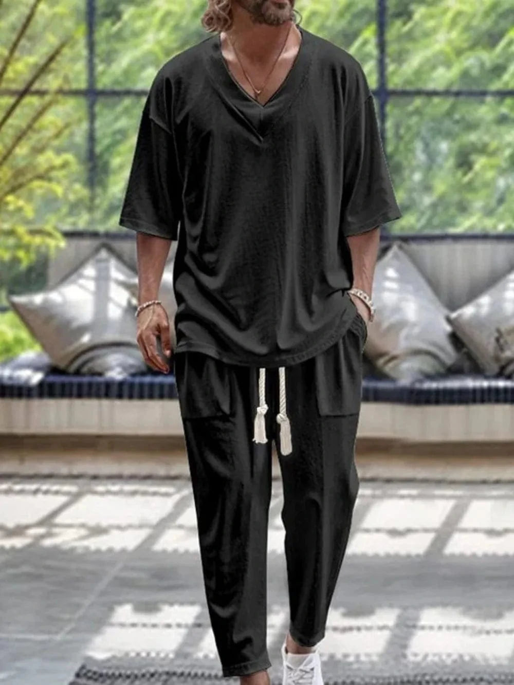Trendsi Apparel & Accessories > Clothing > Swimwear Black / M Men's Plus Size V-Neck Half Sleeve Top and Pants Set Men's Plus Size V-Neck Half Sleeve Top and Pants Set