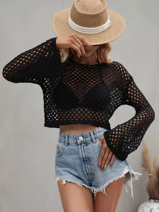 Trendsi Apparel & Accessories > Clothing > Swimwear Black / S Openwork Flare Sleeve Cropped Cover Up