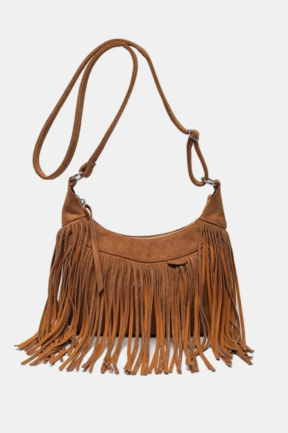 Trendsi Apparel & Accessories > Clothing > Swimwear Caramel / One Size Suede Fringe Adjustable Strap Shoulder Bag Suede Fringe Adjustable Strap Shoulder Bag