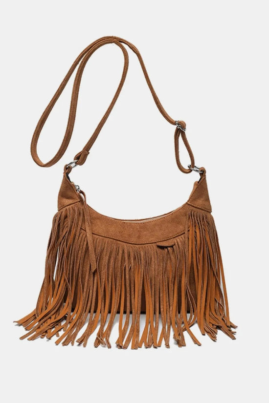 Trendsi Apparel & Accessories > Clothing > Swimwear Caramel / One Size Suede Fringe Adjustable Strap Shoulder Bag Suede Fringe Adjustable Strap Shoulder Bag