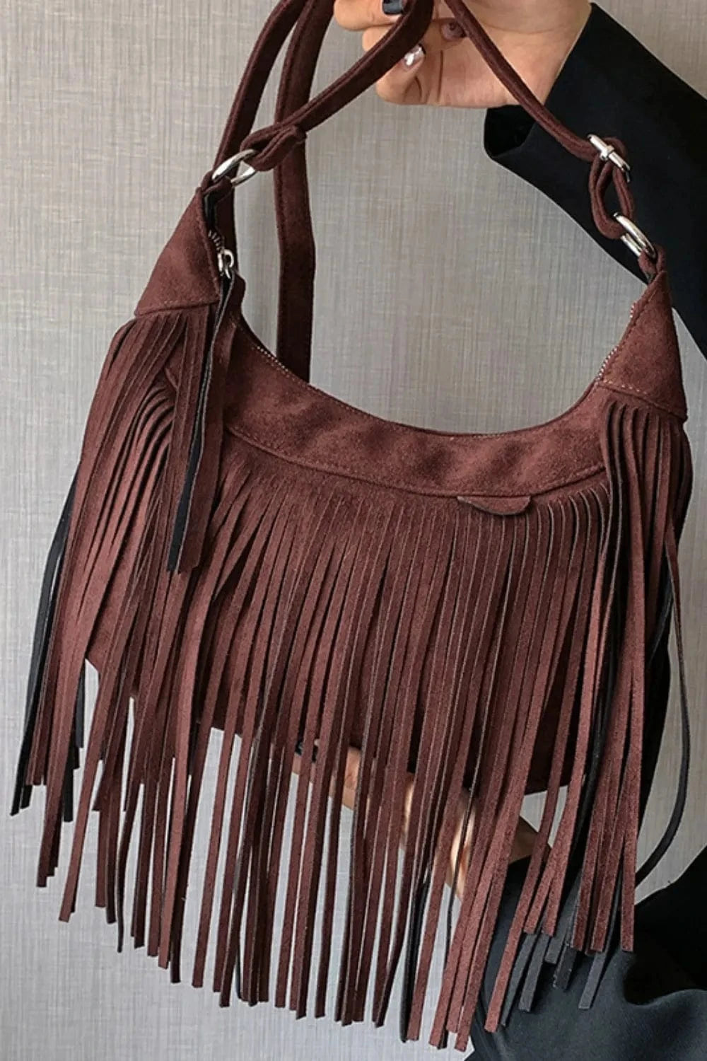 Trendsi Apparel & Accessories > Clothing > Swimwear Dark Brown / One Size Suede Fringe Adjustable Strap Shoulder Bag Suede Fringe Adjustable Strap Shoulder Bag